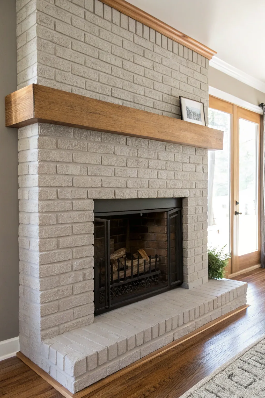 Greige painted brick fireplace with warm wood accents for a calm, neutral statement
