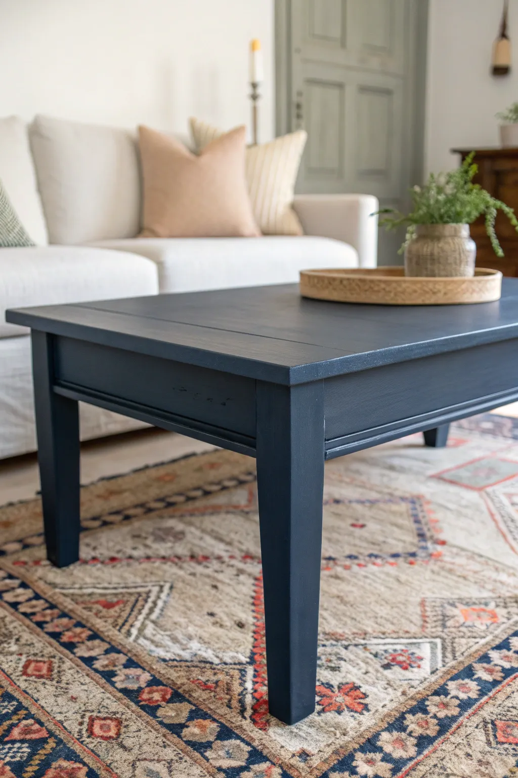 Deep navy coffee table steals the spotlight in a bright, airy Scandinavian living room