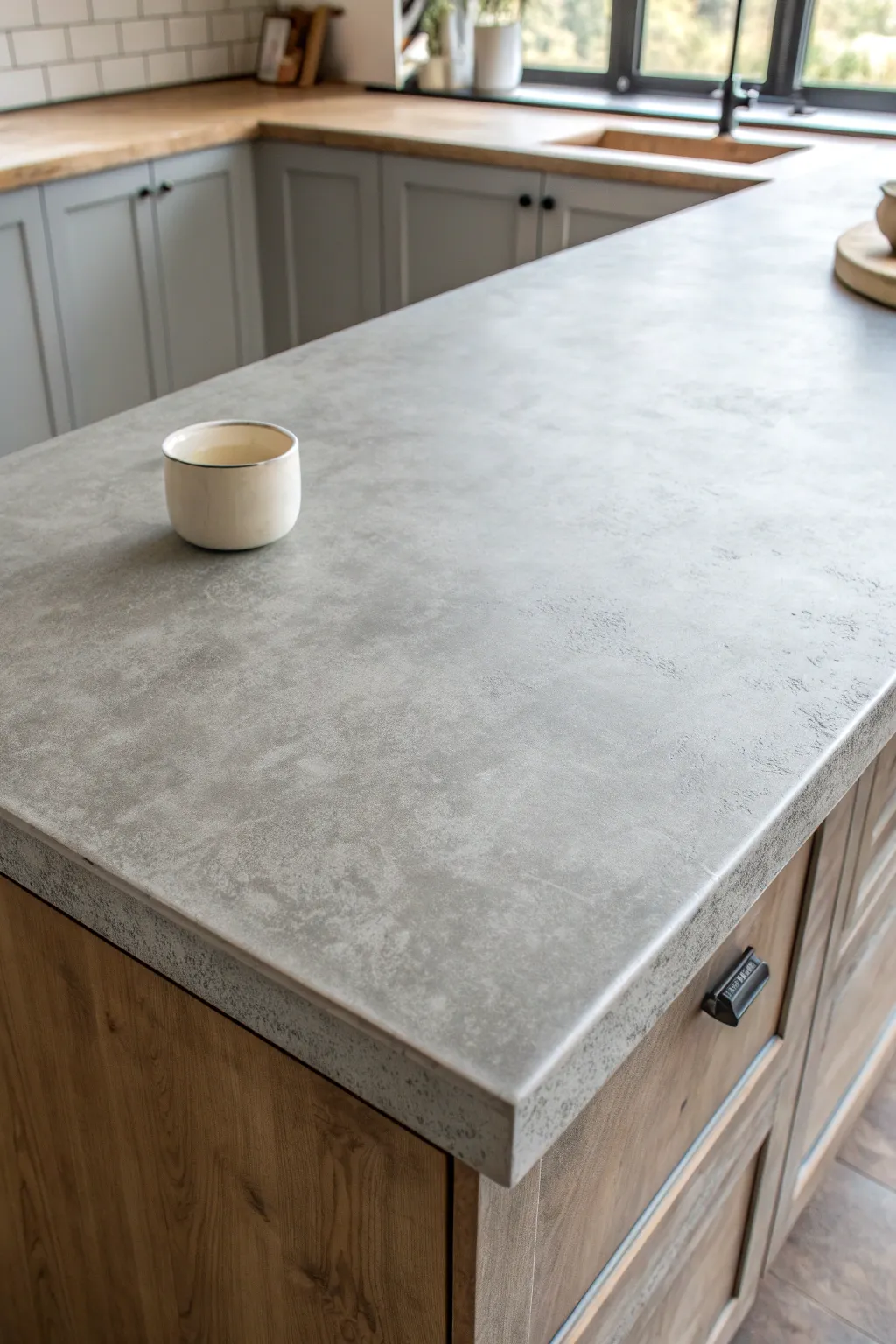 Industrial concrete gray countertop paint look with subtle mottling and minimalist ceramic styling