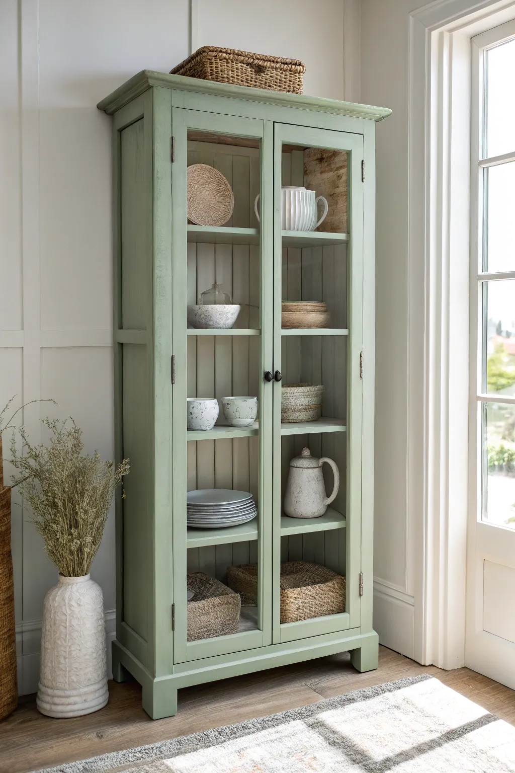Sage green curio cabinet refresh with matte finish, white pottery, and warm woven accents.