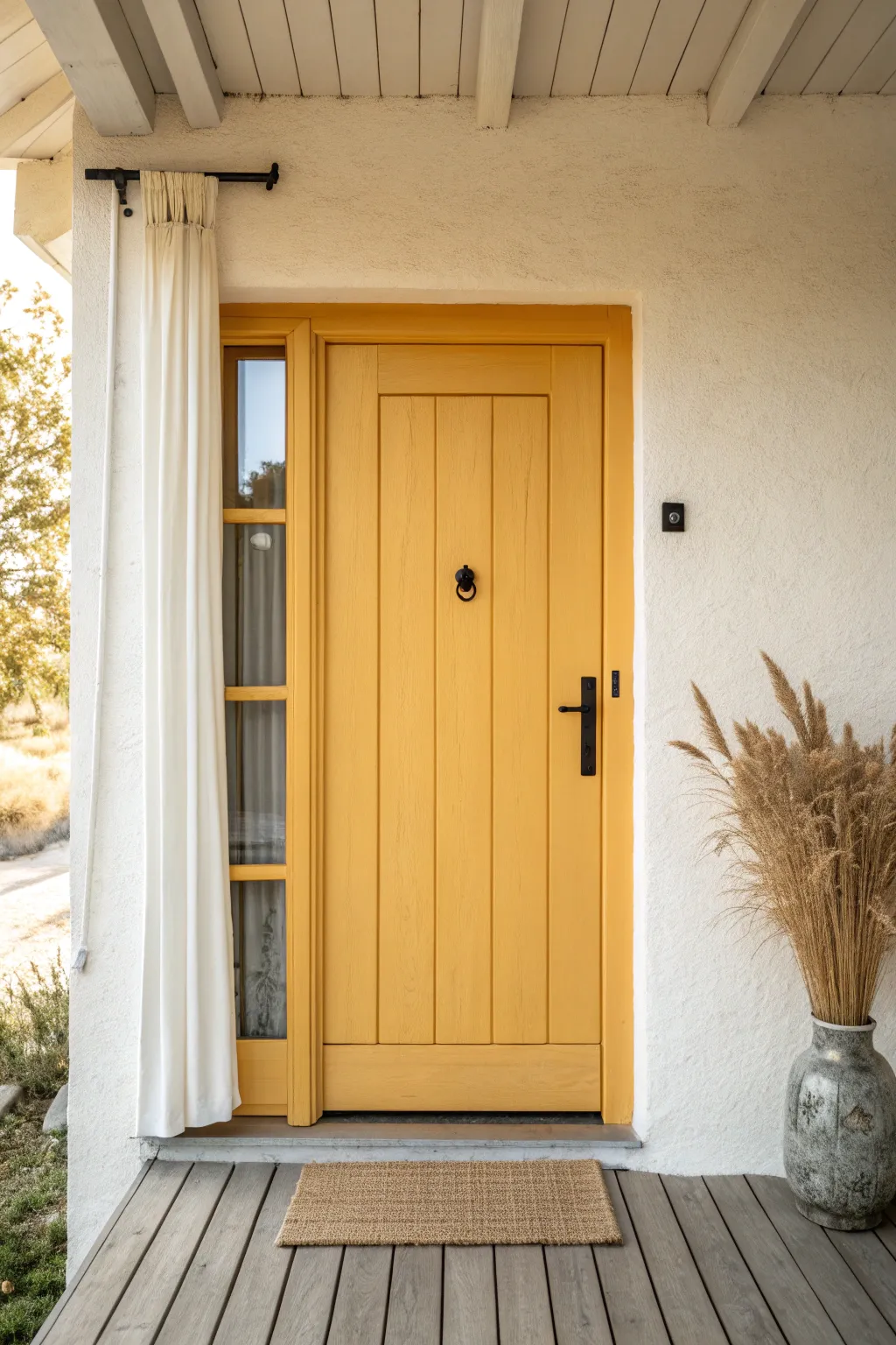 Warm yellow painted door that feels like sunshine, set in a calm minimalist Scandinavian space