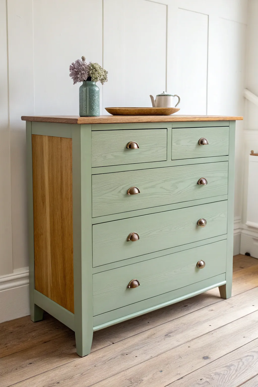 Natural wood top, painted base: minimalist dresser with warm grain and subtle boho styling
