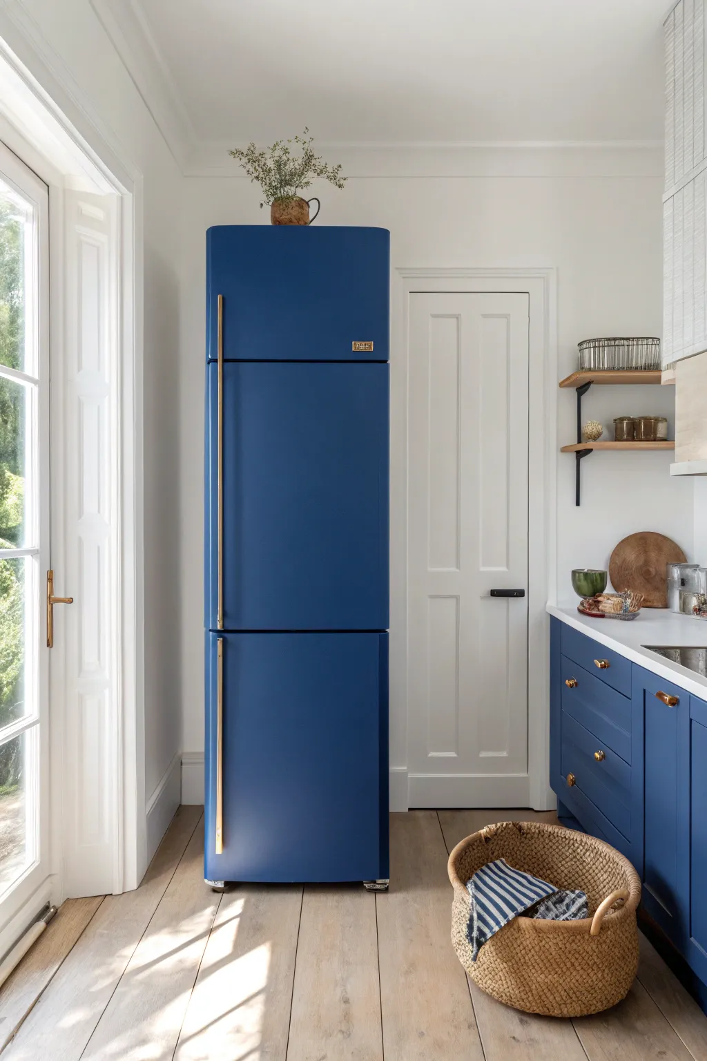 Bold cobalt fridge, minimalist kitchen, big one-color impact with calm Scandinavian boho vibes.