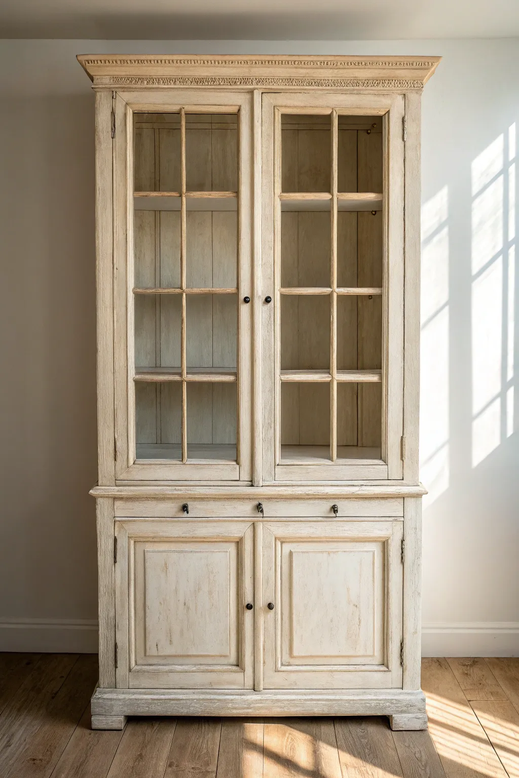 Chalky matte paint and subtle distressing give this minimalist hutch a soft vintage glow.