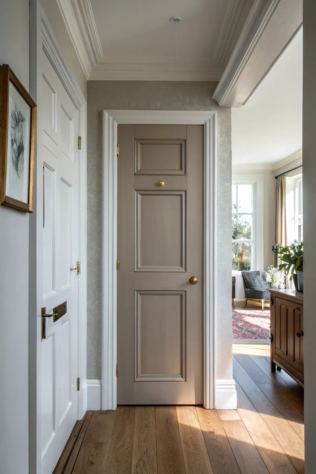 Warm greige door against lighter walls for subtle contrast, paired with oak floors and calm light