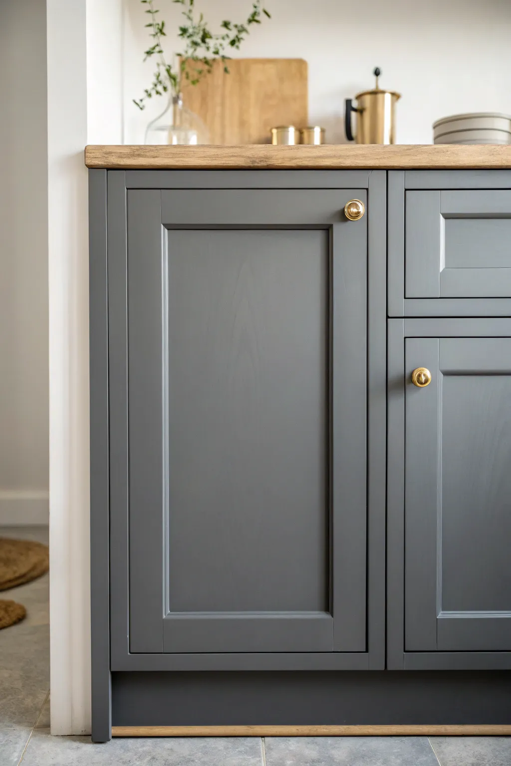 Charcoal gray cabinets add modern depth with a soft satin sheen and clean minimalist lines.