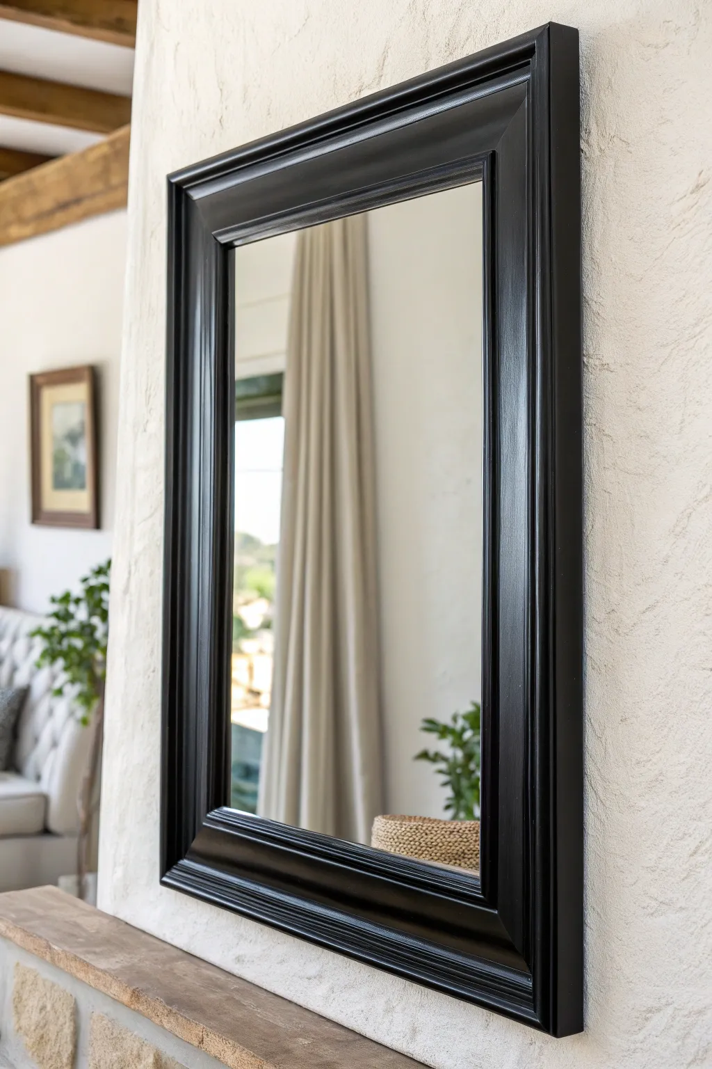 High-gloss black frame on a light wall for minimalist contrast and instant drama