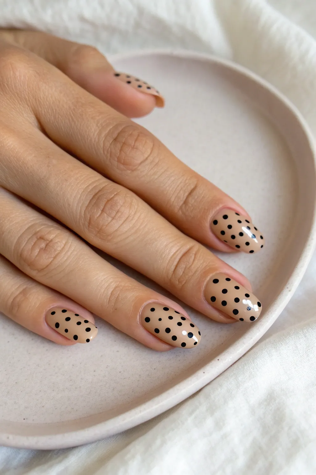 Tiny polka dot nails on a neutral base for a clean, minimalist look with perfect spacing
