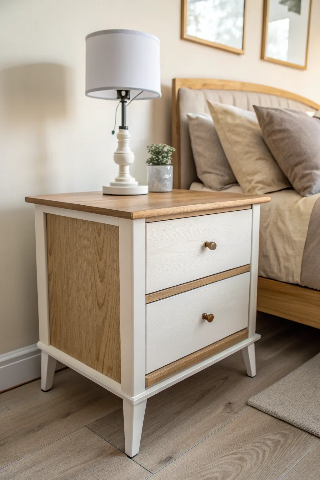 Two-tone nightstand: matte greige base with natural wood top and a crisp taped edge