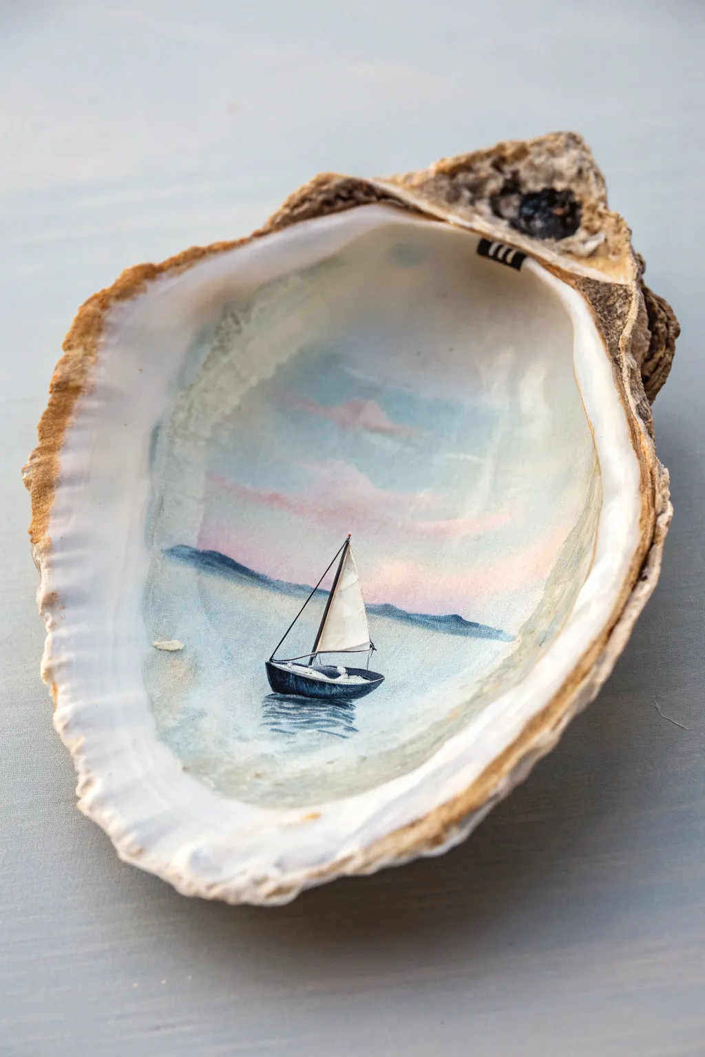 Painted oyster shell sailboat scene with a soft gradient sky, minimal coastal calm and craft.