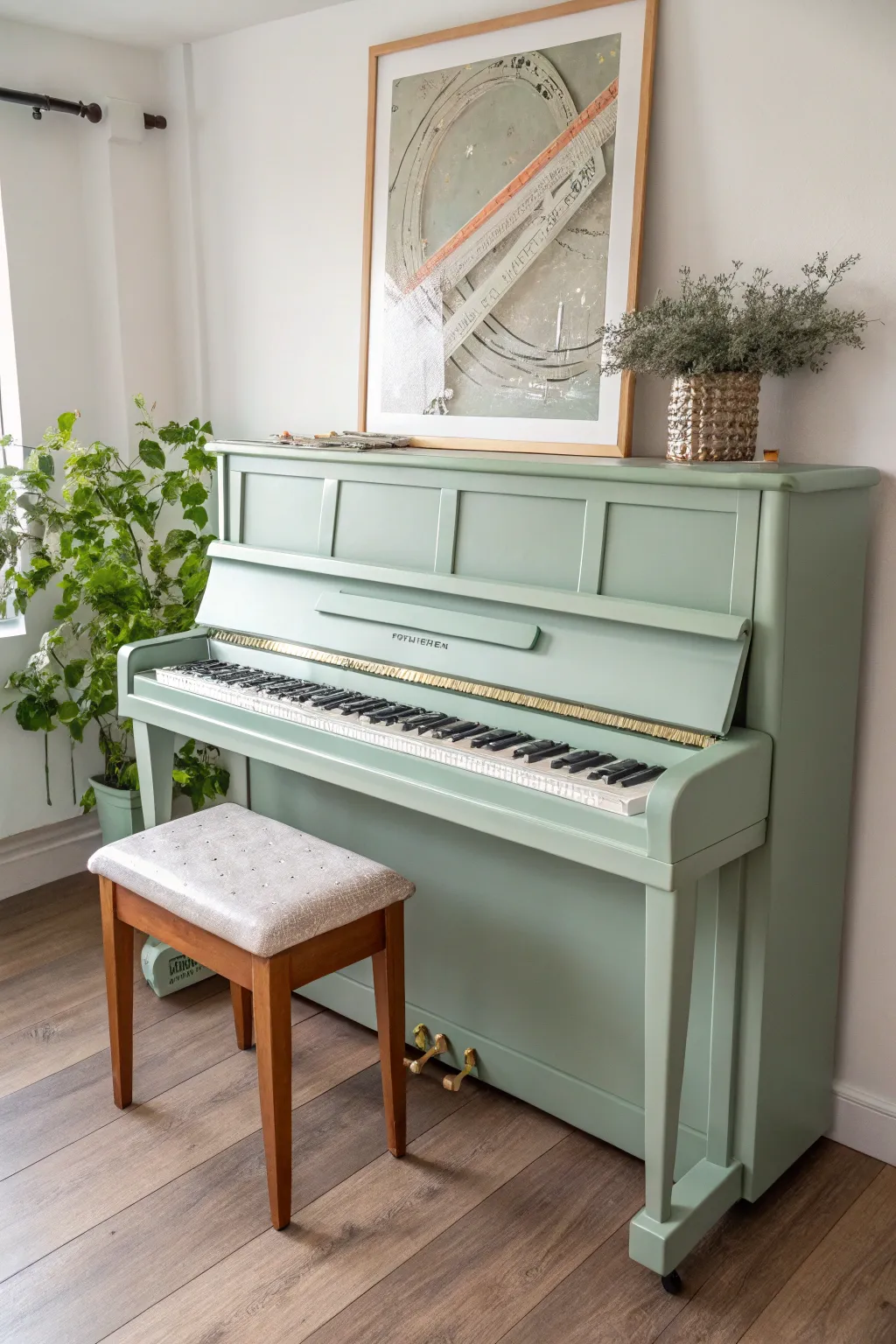 Sage green upright piano styled simply for a calm vintage-meets-modern vibe