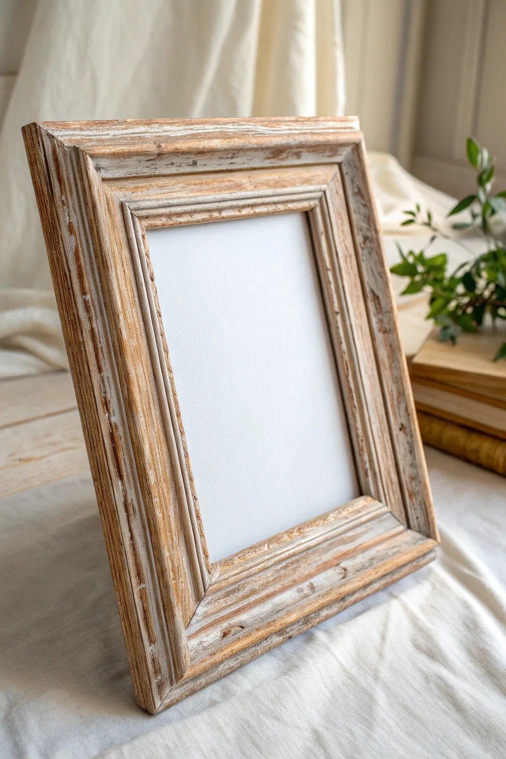 Distressed painted frame with rubbed edges and sanding marks for effortless vintage charm.