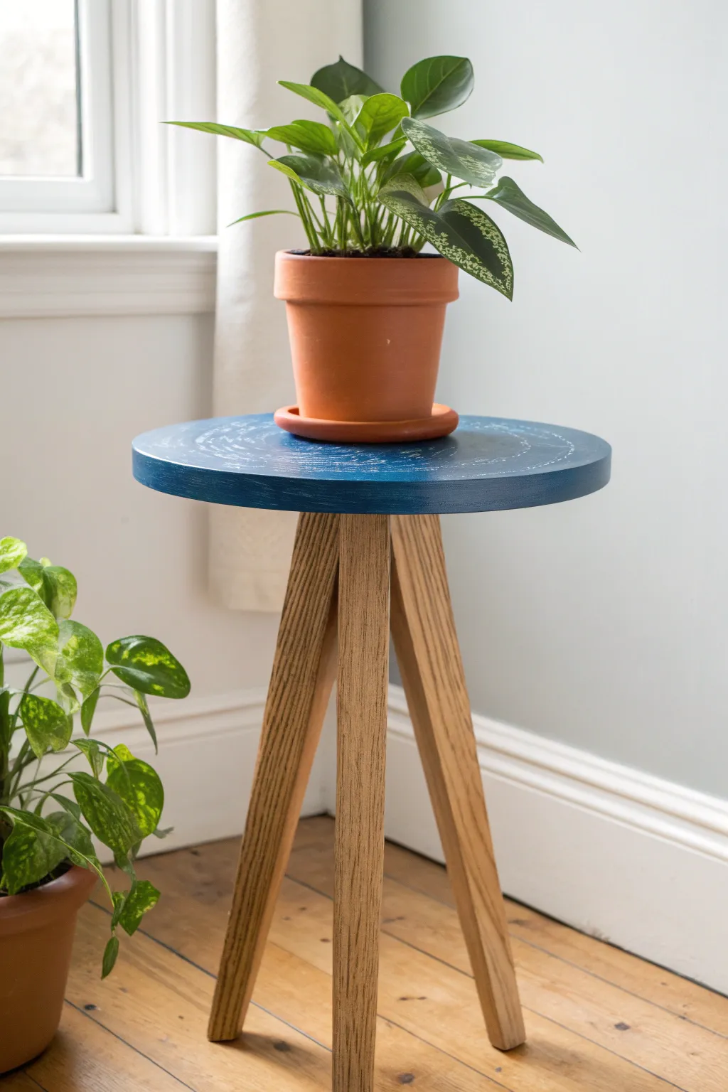 Bold painted tabletop with natural wood legs, styled with terracotta and lush green plant.