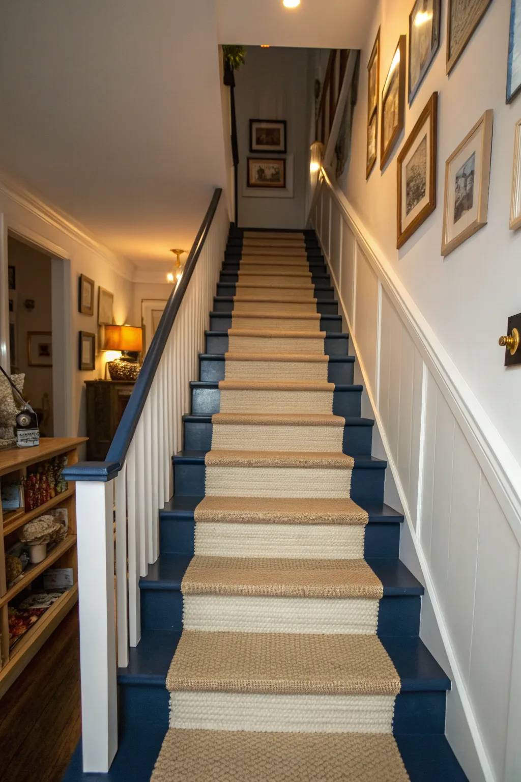 Moody navy painted stairs with a creamy runner, minimalist Scandinavian style with a hint of boho.