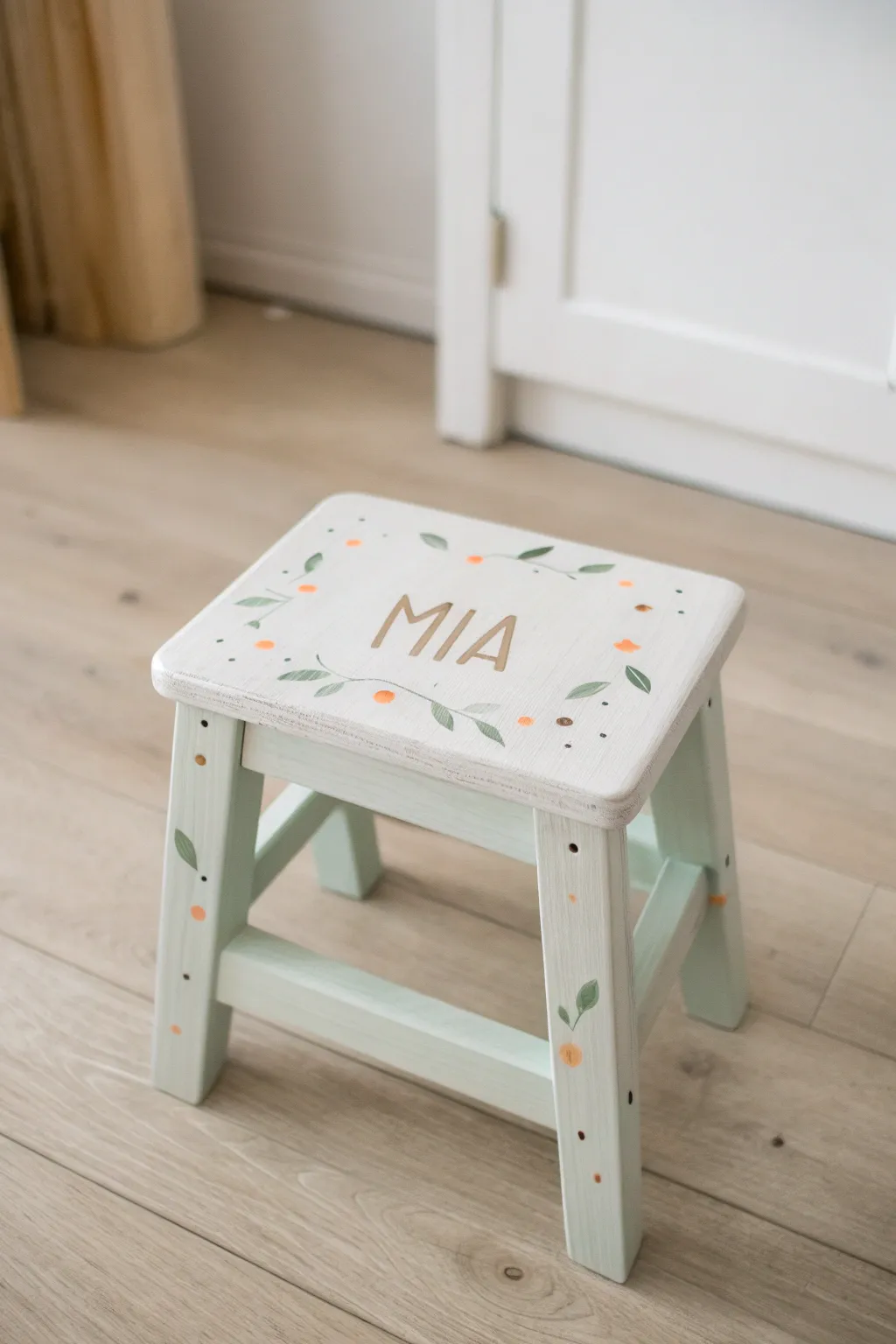 A sweet minimalist step stool with a hand-painted name, making it feel truly claimed.