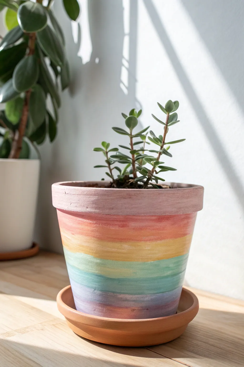 Rainbow ombre terracotta pot on white, minimalist boho styling with crisp, color-pop contrast