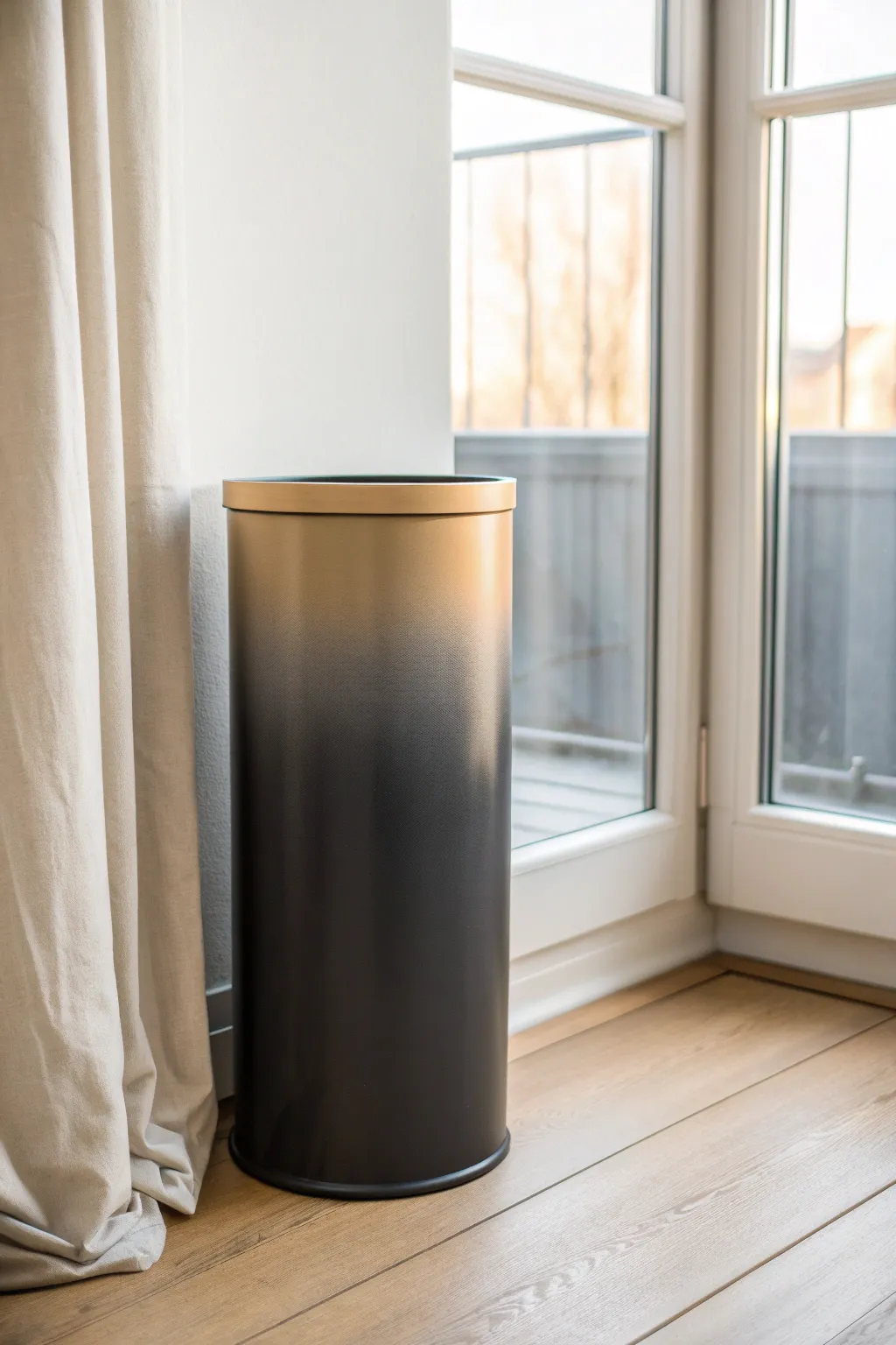 Soft ombre fade trash can DIY: charcoal base to ivory rim for a calm Scandinavian boho look