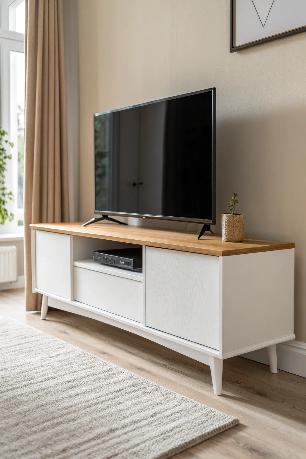 Two-tone TV stand: soft painted base meets warm wood grain for minimalist charm.