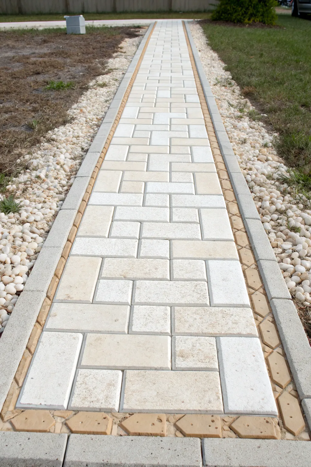 Soft neutral paver stencil blocks create a neat, repeating walkway with crisp, clean edges.