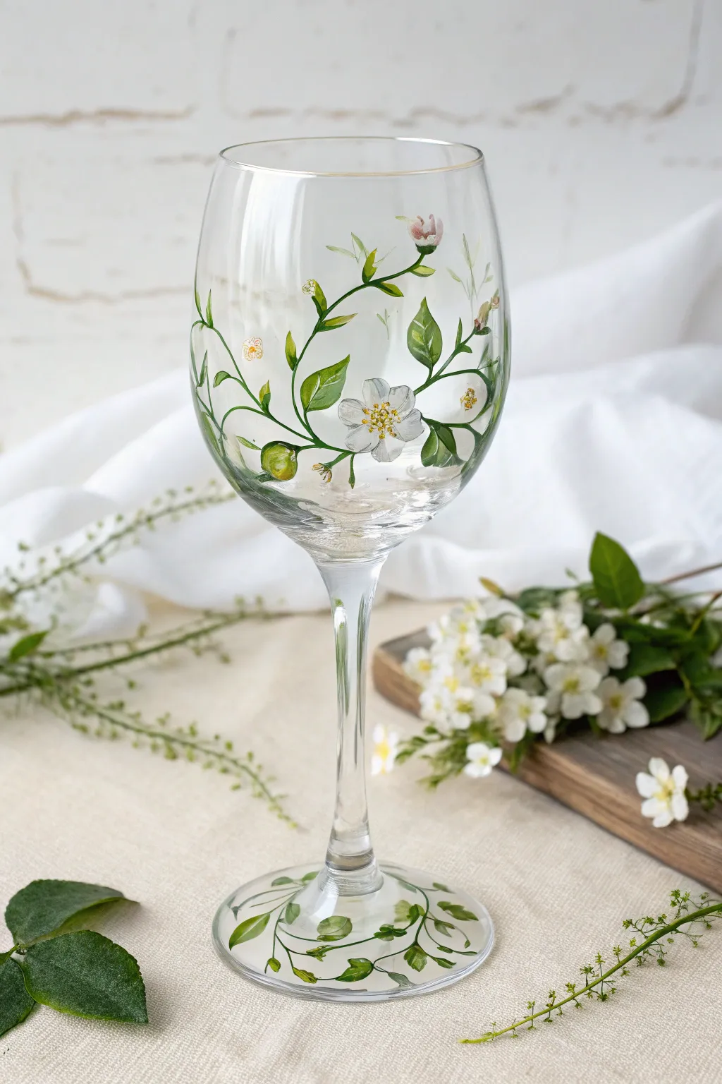 Delicate green vines climb the stem, blooming softly on the bowl for a romantic minimalist look