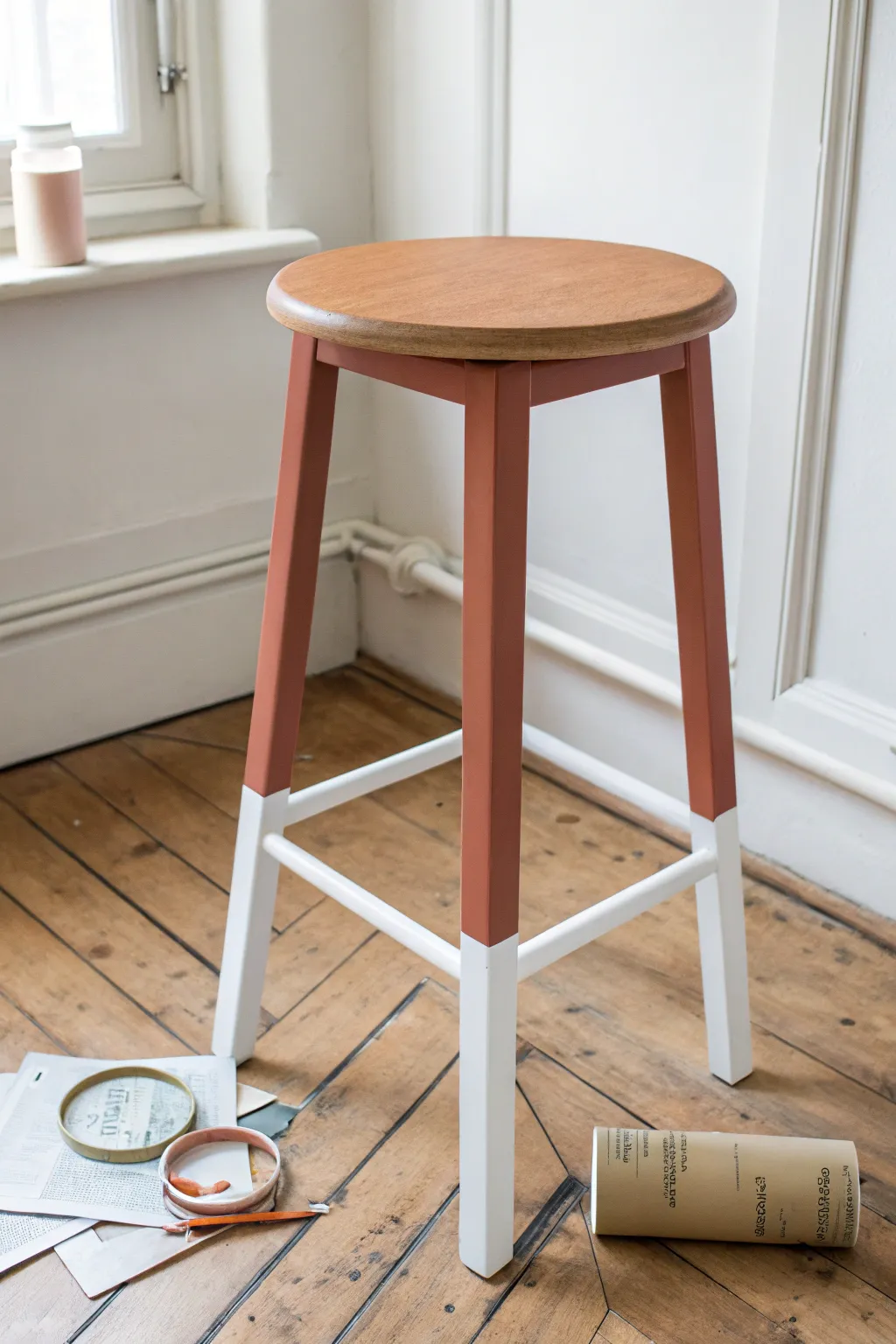 Two-tone bar stool makeover: crisp taped line, soft boho hues, minimalist contrast.