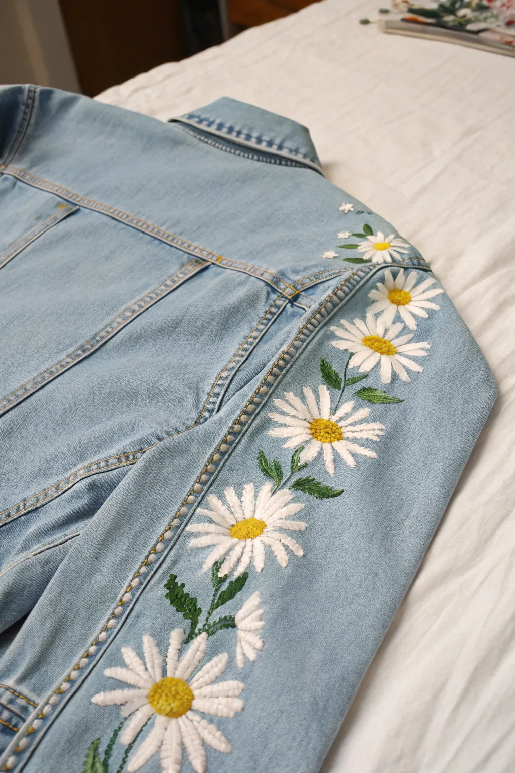 Hand-painted daisies along a denim hem, with pencil guides showing the easy border layout.