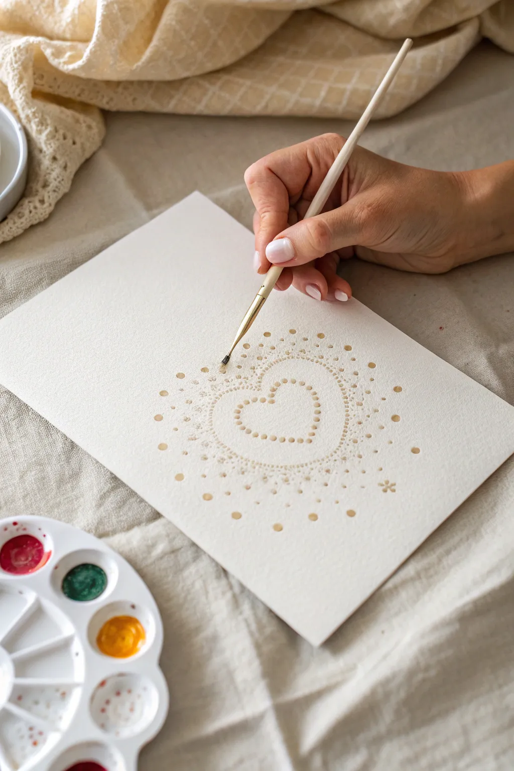 Minimal Q-tip dot painting pattern on cardstock with bright paint accents and calm Scandinavian style