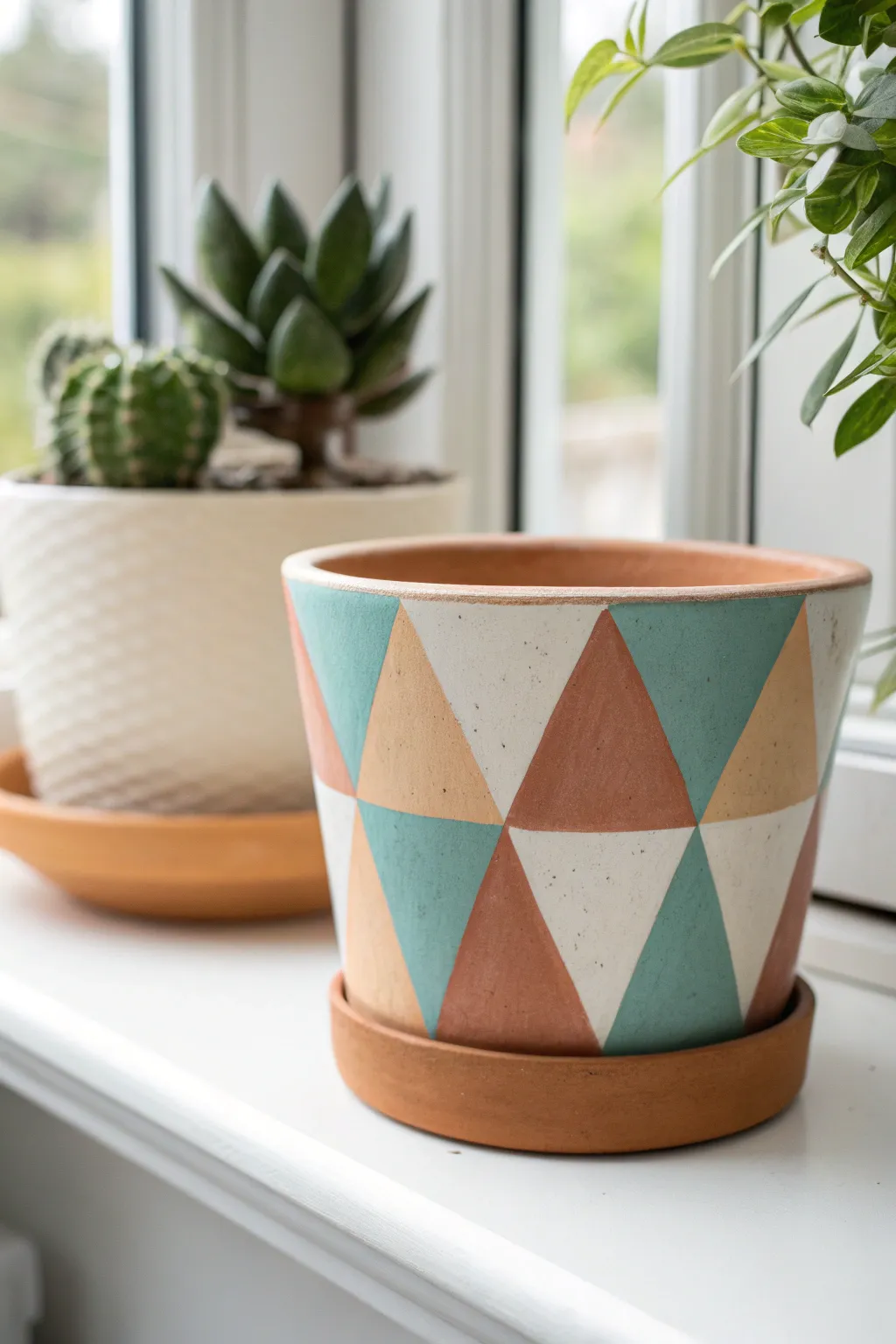 Geometric color-block flower pot in earthy tones with one pop color for a modern shelf look