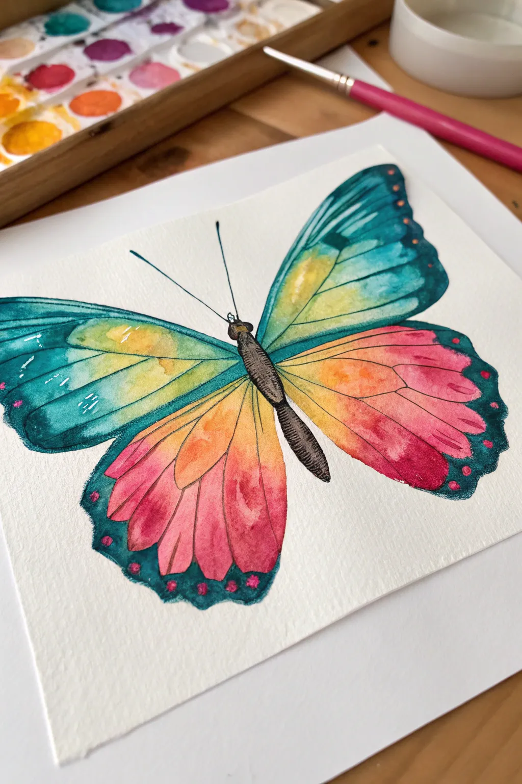 Symmetry butterfly fold-print: vibrant mirrored wings on clean white paper, kid-friendly and bold.