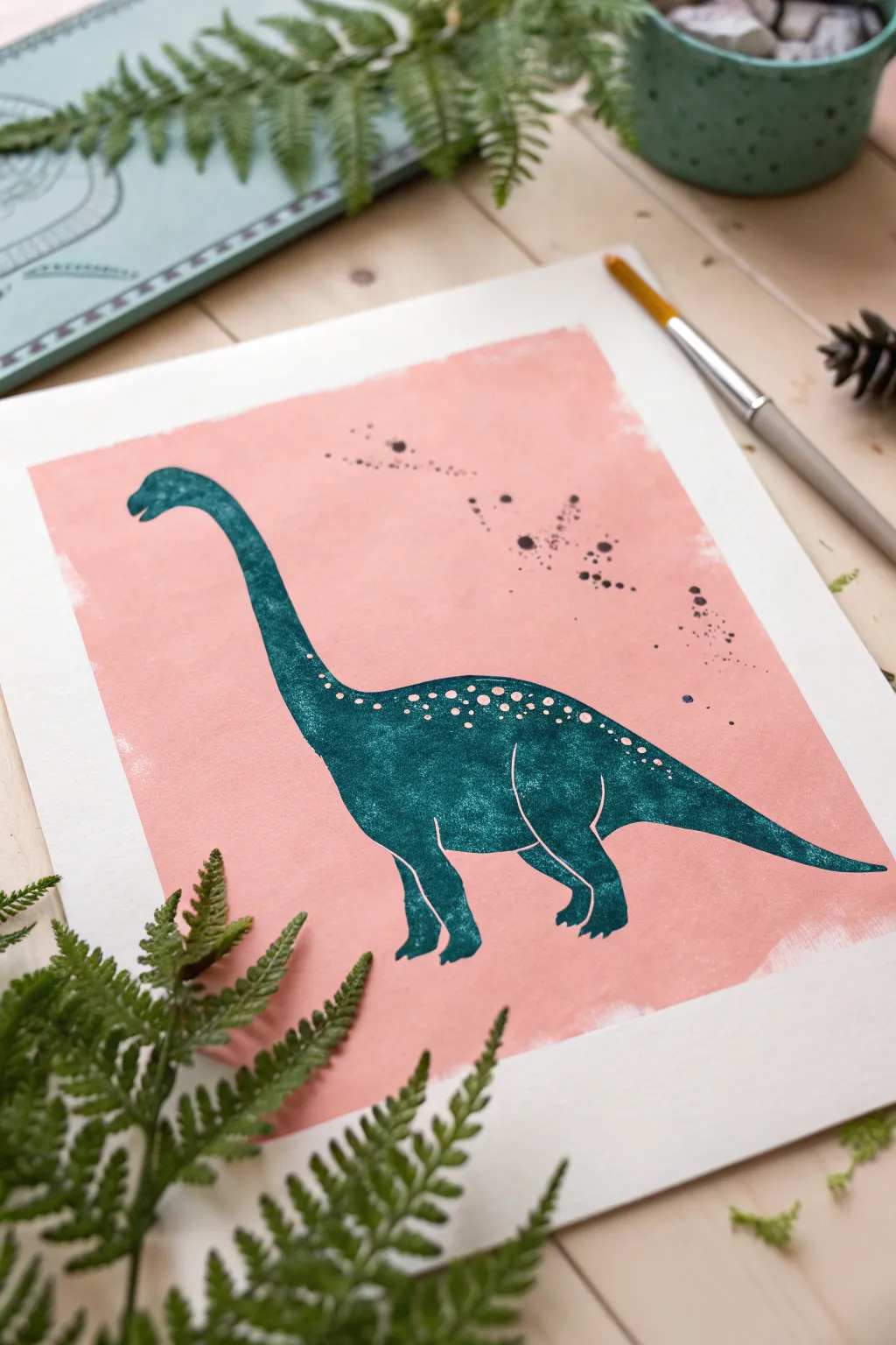 Bold dinosaur profile with stamped scale texture, a simple high-contrast painting idea for boys