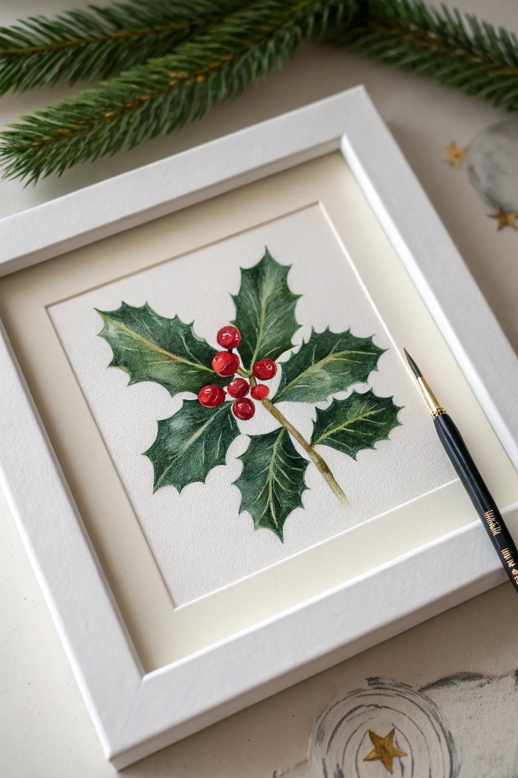 Holly and berries mini botanical study, framed as a gift with sketch lines peeking through