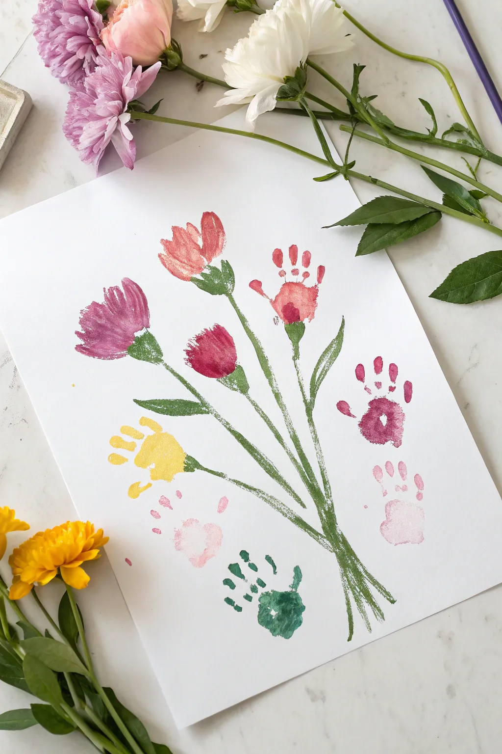 Sweet handprint flower bouquet painting, simple stems and bright prints for kid-friendly art.