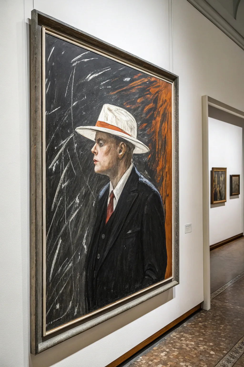Bold abstract suit-and-hat silhouette in black, white, and terracotta for modern masculine art