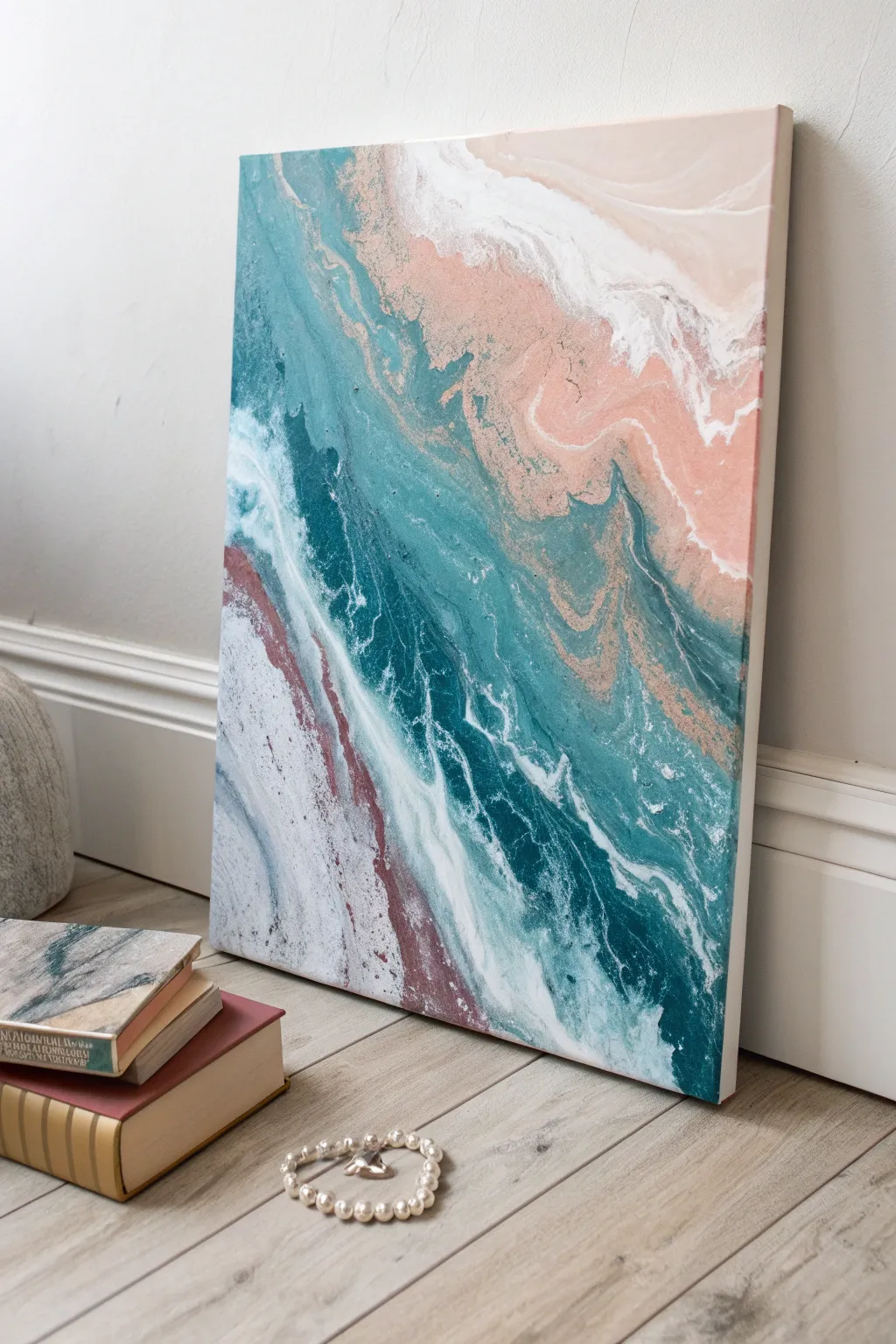 Instant wow acrylic pour cells in blush, sand, and teal for chic teen-ready wall art