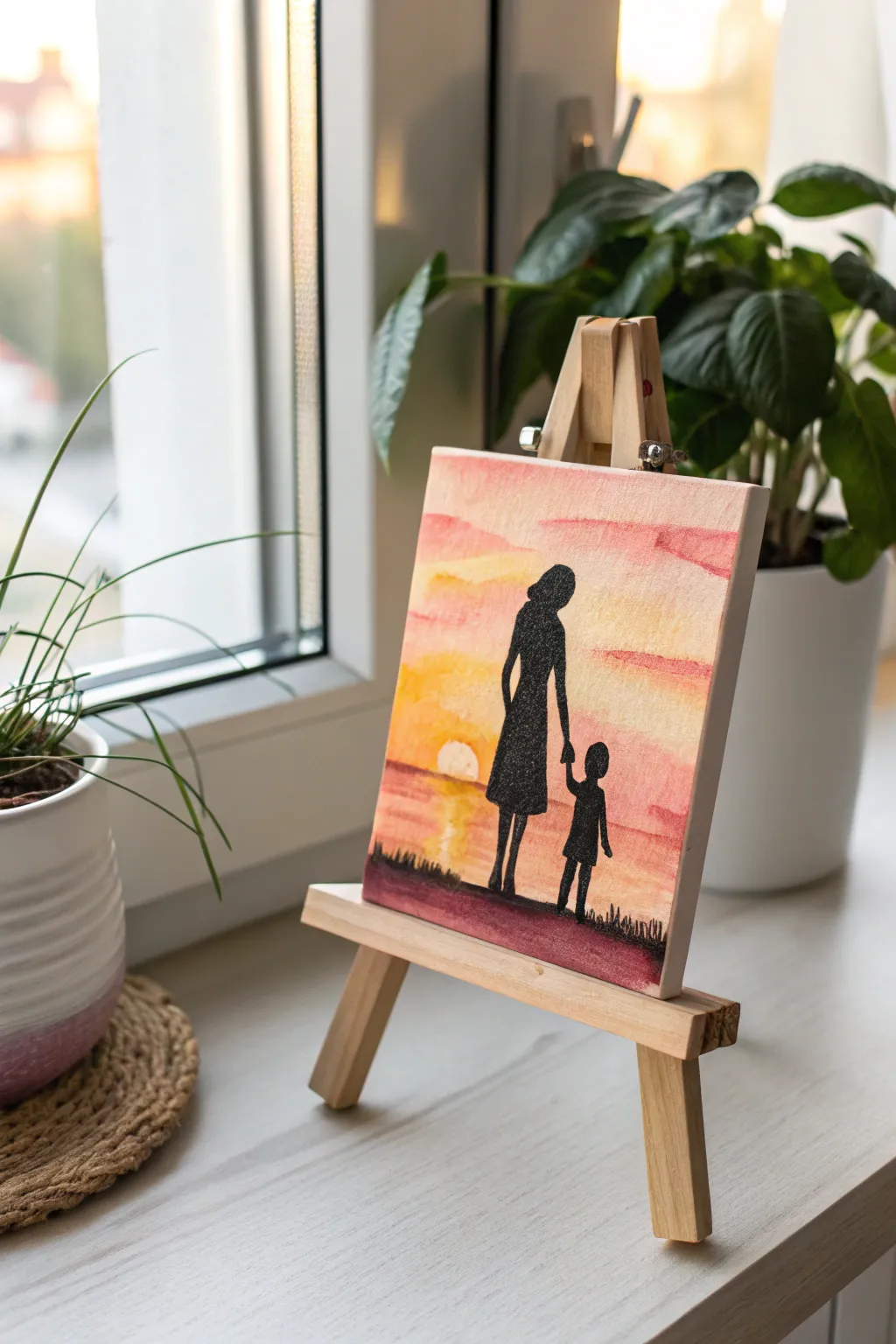 Mother-and-child silhouette sunset wash painting idea, a simple heartfelt piece to gift Mom