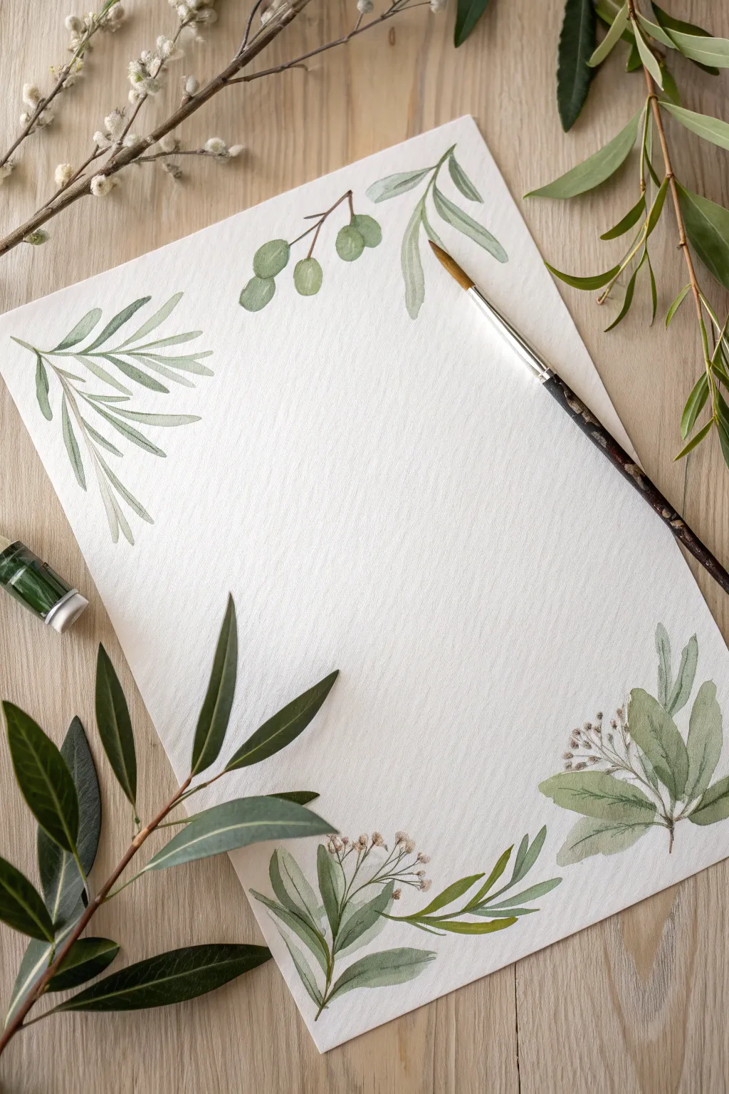 Minimal green botanical branch studies on crisp white paper for an airy Scandinavian watercolor look.