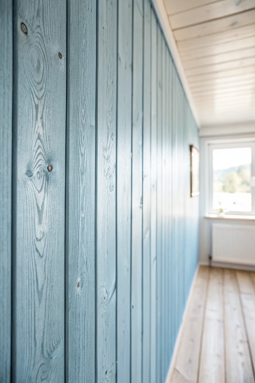 Misty pale blue paint softens knotty pine, keeping the grain visible for airy calm.