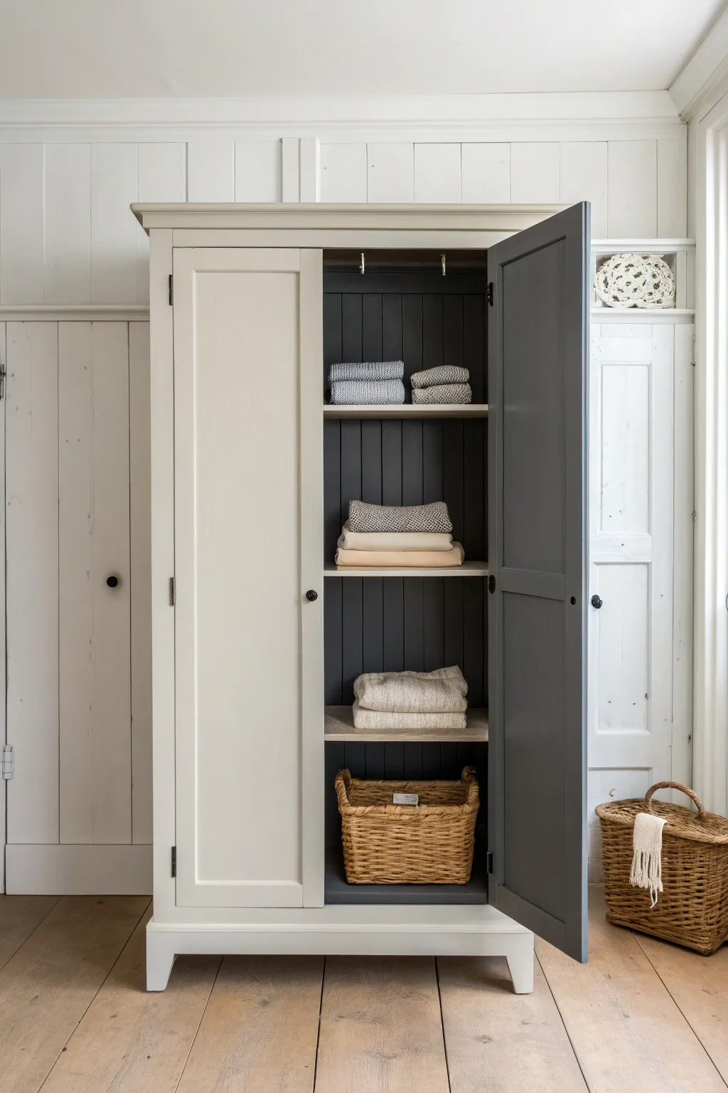Two-tone wardrobe makeover: soft light outside, rich dark interior for dramatic contrast.
