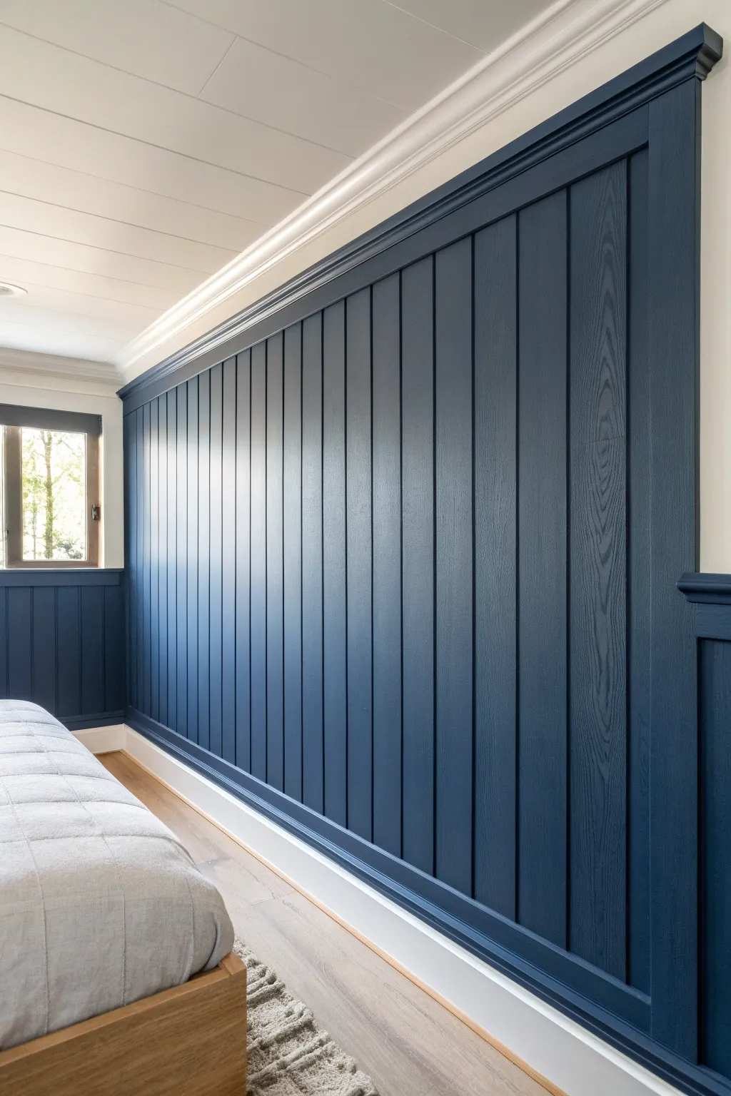 Deep navy painted paneling feature wall with light walls, soft linen and oak for moody contrast.