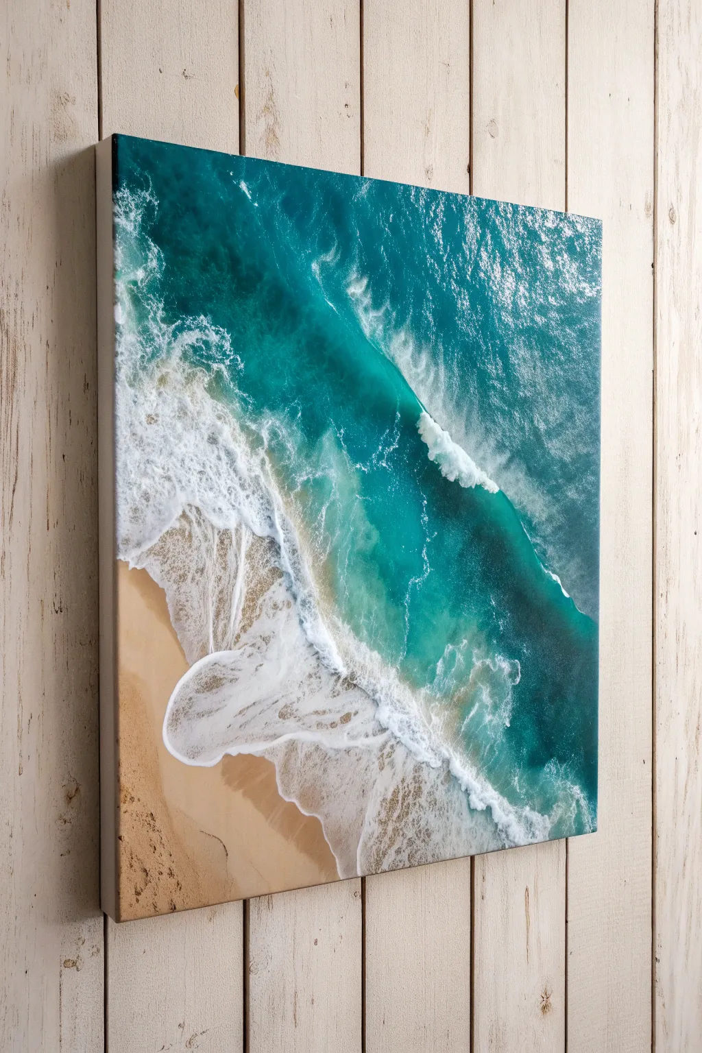 Top-down beach wave painting idea: teal water, sandy shore, crisp foamy surf contrast
