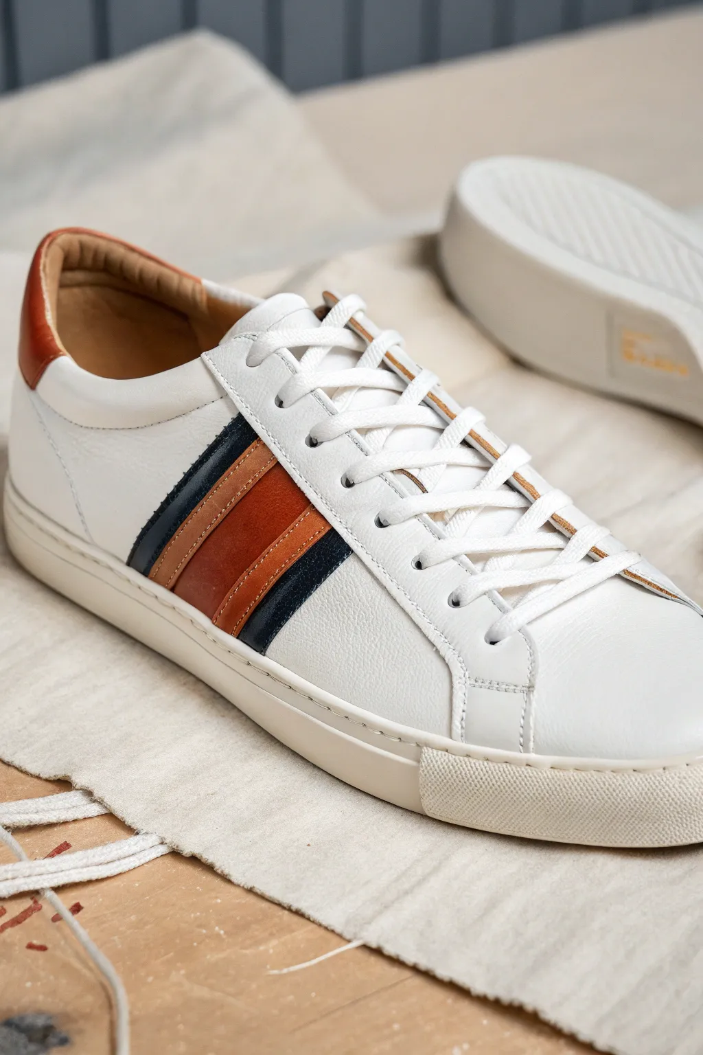 Crisp diagonal stripes with painter tape for a clean, modern, handcrafted shoe makeover.