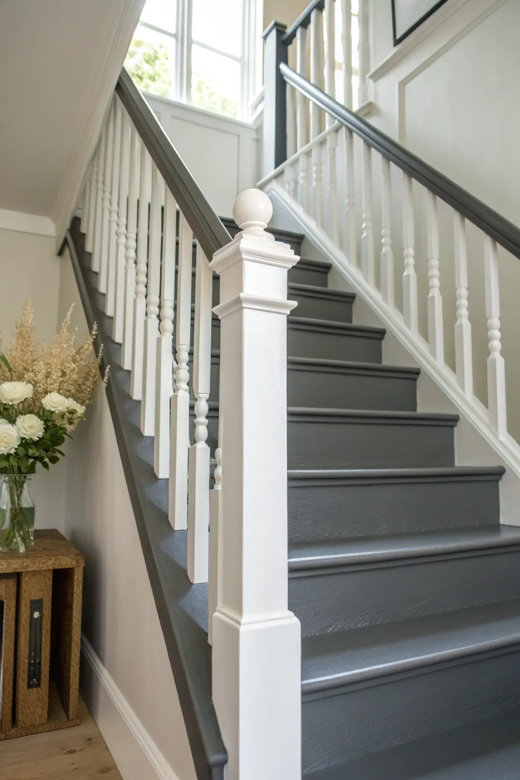 Matte charcoal spindles beside bright white trim create modern contrast that feels soft and calm.