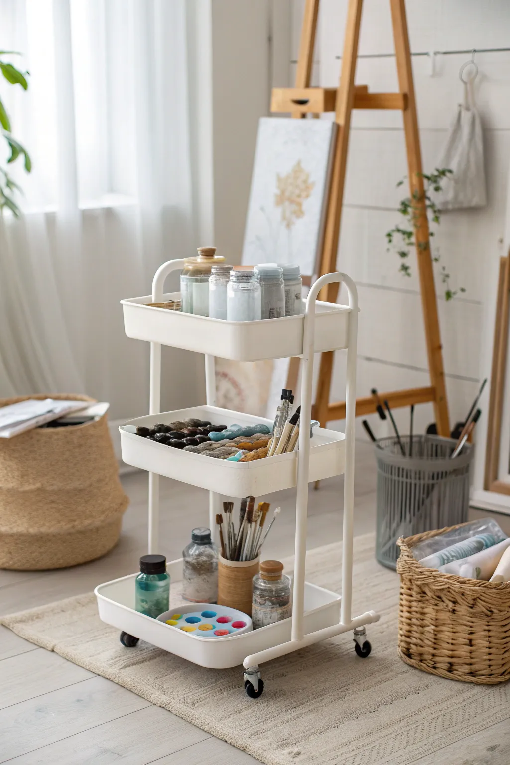 Rolling supply cart keeps paints, mediums, and brushes within reach as you move around the studio.