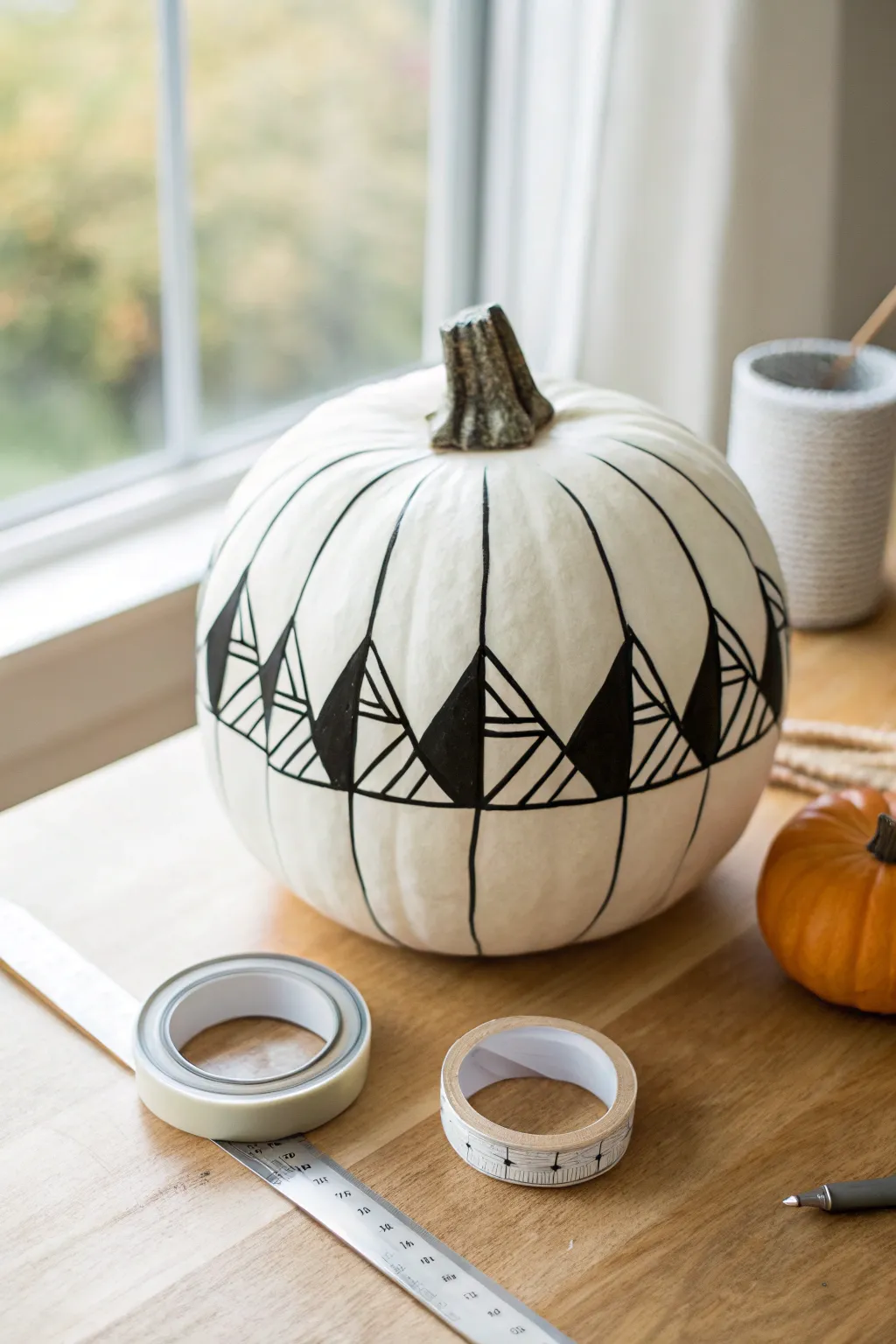 White pumpkin with bold black geometric angles for sleek modern minimalist fall decor
