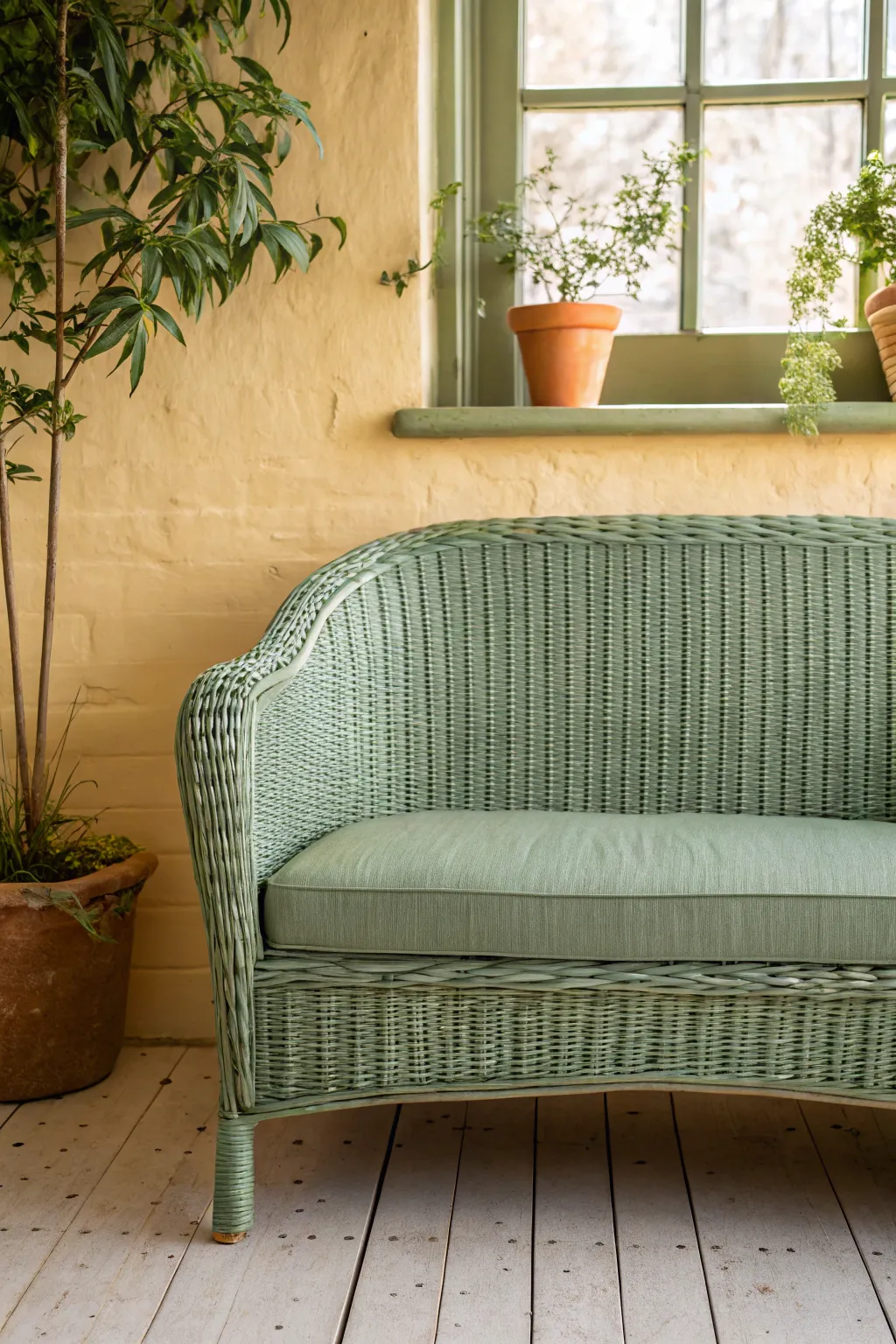 Earthy sage paint brings wicker to life, highlighting every weave with calm Scandinavian warmth.