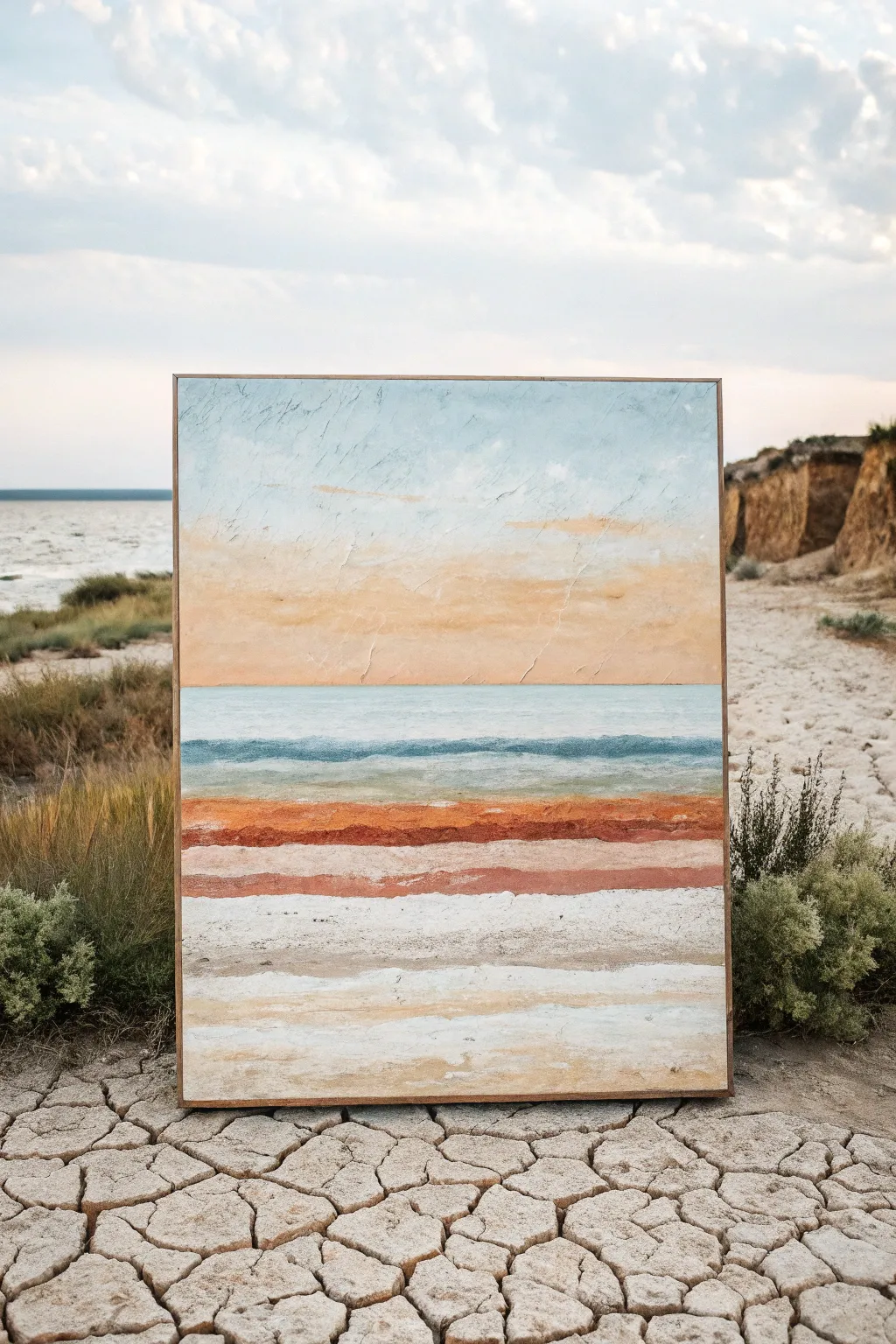 Simple horizon bands made with a palette knife, calm neutrals with rich texture and contrast.