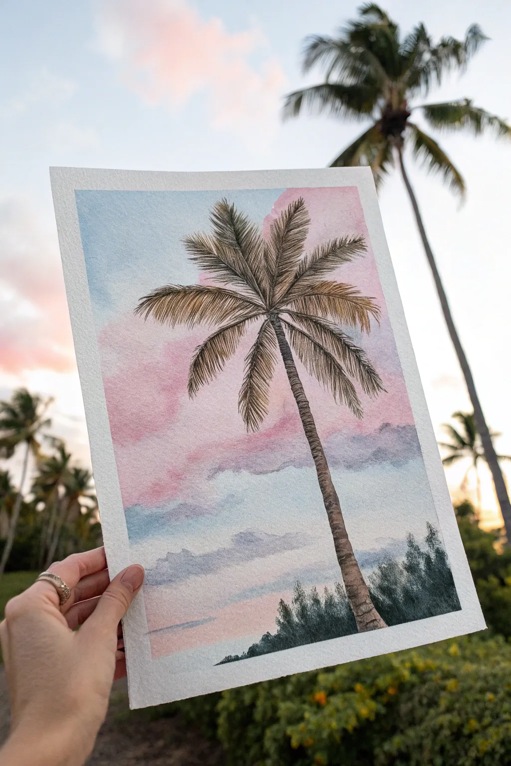 Cotton-candy sunset sky behind a softly highlighted palm tree, minimalist and boho calm.