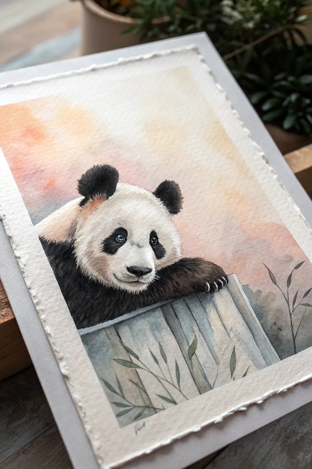 Paint a peekaboo panda with simple shapes and soft washes for a cozy minimalist look.