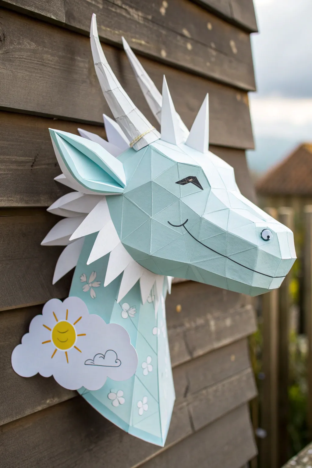Pale sky-blue cloud dragon puppet head with sun and cloud cheek markings, plus jaw pieces