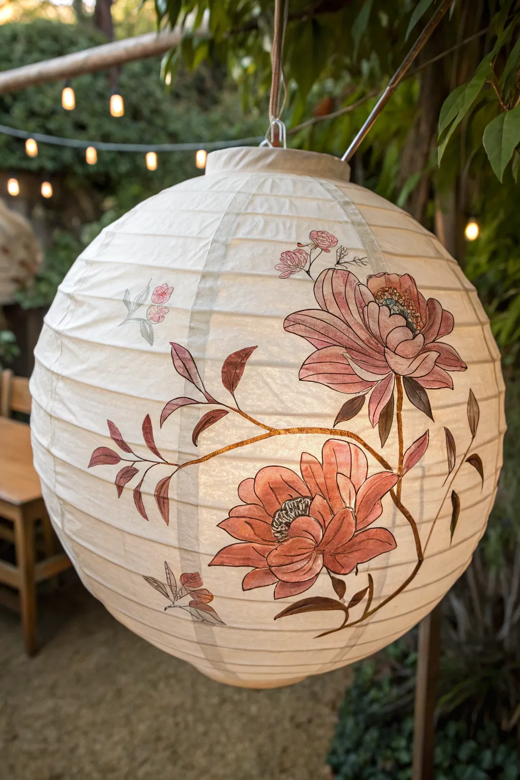 Paint a glowing paper lantern with bold bloom clusters for an elegant minimalist boho look